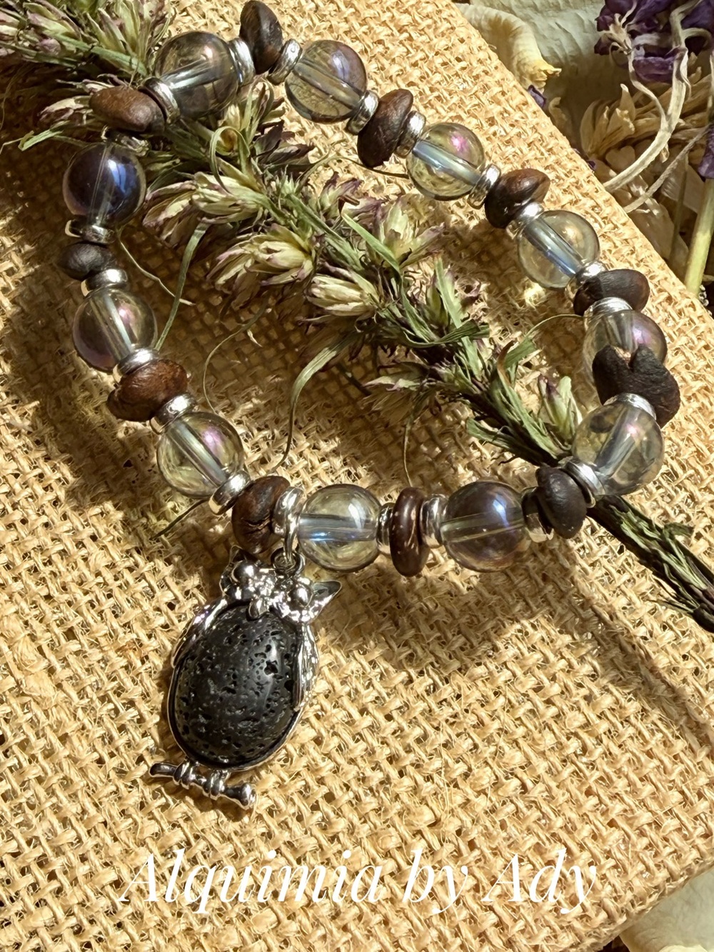 Aura Quartz Brown beans Lava  Owl Charm Bracelet